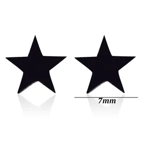 Macro detail of 7mm black star-shaped stud earrings made of stainless steel material