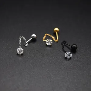 Detailed view of 4mm sparkling diamond chain earrings in silver, gold, and black metal