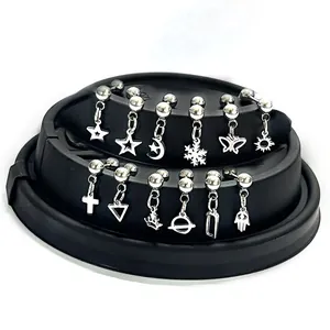 Pendientes de Botón Colgantes Geométricos de Acero Inoxidable de Titanio para Mujer Estrella Luna Mariposa Cruz Corona Mano de Hamsa Joyería