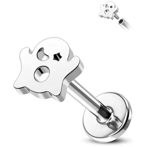 Close-up of ghost-shaped stainless steel lip stud with moon and star hollow details