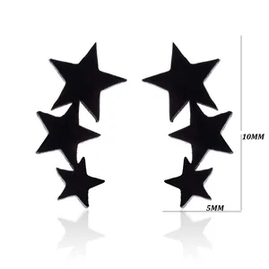 Close-up of black matte stainless steel triple star earrings with 10mm height detail