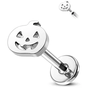 Stainless steel Halloween pumpkin labret stud with internally threaded design and mirror finish