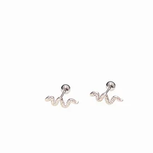 Minimalist stainless steel snake stud earrings with textured scales and ball back closure