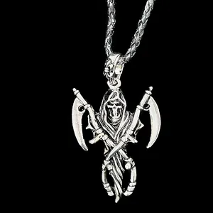 Detailed view of silver gothic grim reaper skull pendant with dual scythes on black cord