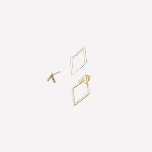 Minimalist double-layered geometric gold stud earrings with hollow rhombus drop design