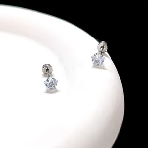 Gros plan de boucles d'oreilles étoile en acier titane avec zircon sur plateau blanc