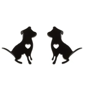 Boucles d'oreilles minimalistes en acier noir silhouette de chien avec cœur évidé
