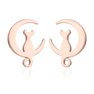 Minimalist rose gold stainless steel stud earrings featuring a cat on a crescent moon