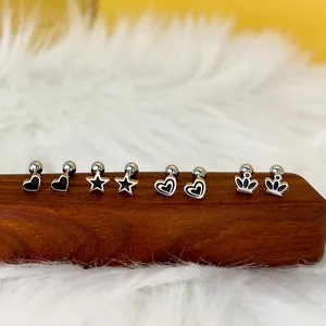 Boucles d'Oreilles Clous Minimalistes en Acier Inoxydable Cœur Étoile Couronne Émail Noir Fermoir à Boule Vissée Bijoux Mode