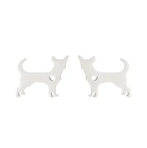 Pair of silver dog shaped stud earrings with hollow heart design in polished metal
