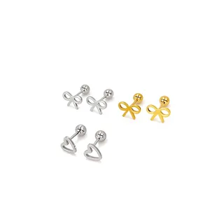 Detailed set of bow and hollow heart stud earrings with secure screw ball backings