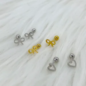 Stainless steel minimalist bow and heart stud earrings set with screw ball backs
