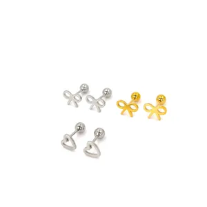 Minimalist stainless steel heart and bow stud earrings set with secure screw backs