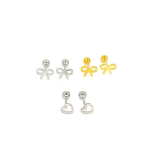 Detailed view of stainless steel bow and heart stud earrings with ball screw backs