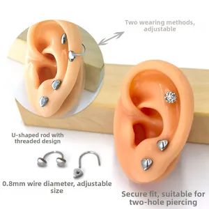 U-shaped stainless steel heart earrings with 0.8mm adjustable screw design