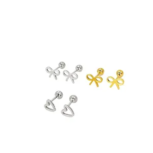 Minimalist stainless steel stud earrings set featuring bow and hollow heart shapes