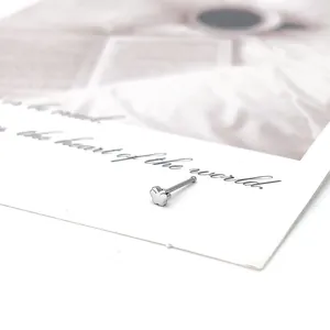 Close-up of a silver butterfly nose stud on a white card with elegant artistic typography