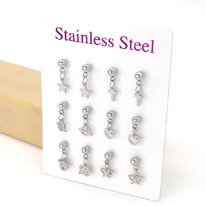 Set of 6 pairs stainless steel stud earrings with star, cross, heart, and bear charms