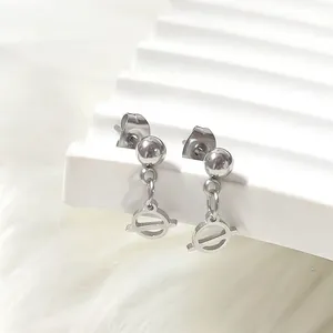 Detailed macro view of silver titanium steel planet earrings with planetary orbit design