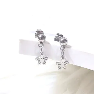 Macro detail of silver star stud earrings with hollow design on white display