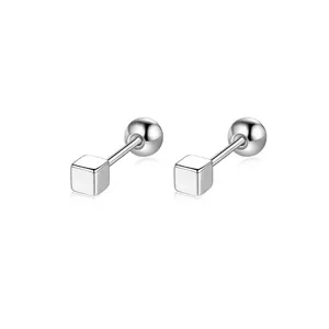 Minimalist stainless steel square cube stud earrings with secure ball screw back closure