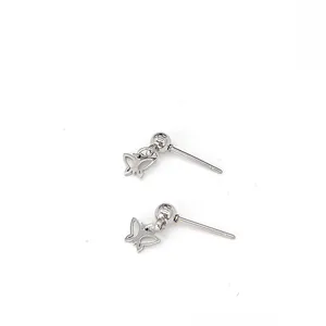Minimalist titanium steel hollow butterfly stud earrings with spherical base in silver finish