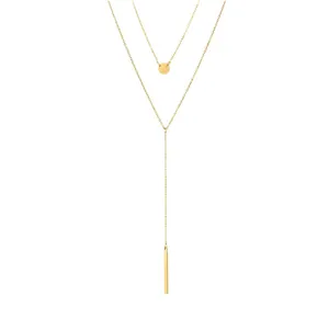 Collar de doble capa en acero inoxidable dorado con disco redondo y colgante de barra larga