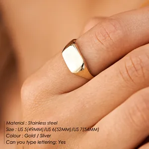 Minimalist gold stainless steel rectangle signet ring for women with engraving option