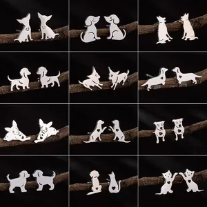 Minimalist Stainless Steel Animal Dog Cat Silhouette Stud Earrings For Women Cute Hollow Heart Pet Lovers Jewelry Gift