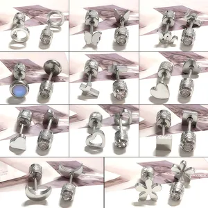 Pendientes de botón de inserción de acero inoxidable para mujer diseño de mariposa corazón serpiente cruz luna flor circonita incrustada joyería de piercing de moda