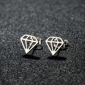 Macro shot of silver-toned hollow diamond-shaped stainless steel stud earrings
