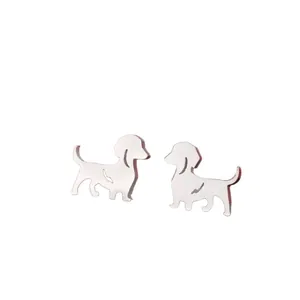 Polished stainless steel dachshund stud earrings in silver minimalist animal design