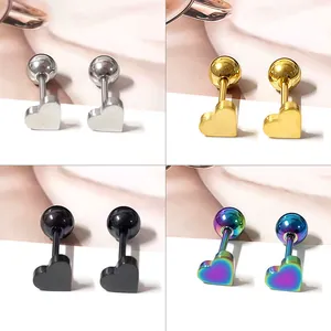 Boucles d'Oreilles Clous en Acier Inoxydable Forme de Cœur Fermoir à Vis Petits Bijoux Minimalistes Or Argent Arc-en-ciel Noir