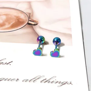 Clous d'oreilles cœur arc-en-ciel en acier inoxydable avec fermoir à boule