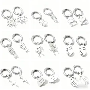 Pendientes de Aro de Acero Inoxidable Para Hombre Mujer Minimalista Punk Gótico Calavera Gato Cara Sol Espina de Pescado Joyería