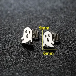 Polished stainless steel ghost stud earrings showing 9mm height and 6mm width dimensions
