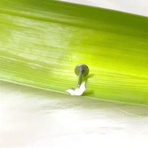 Vista macro del piercing labret a farfalla su foglia verde e pelliccia bianca