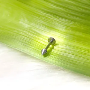 Dettaglio macro del piercing labret in acciaio al titanio argento con cono e base piatta