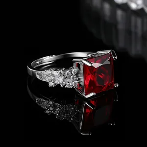 Luxury oversized square red gemstone ring in silver finish with pavé diamond accents