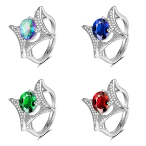 Luxurious adjustable silver rings with oval rubies and sapphires in four colors