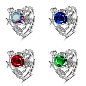 Luxury ocean themed rings with seashell and seahorse design in four gem colors