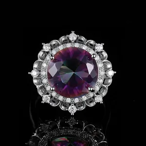Luxury silver flower ring with mystic round gemstone and zircon crown accents
