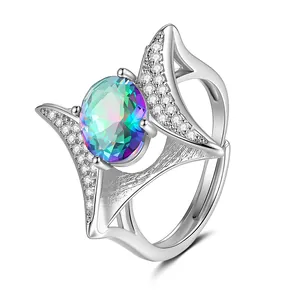 Macro view of adjustable silver ring with oval rainbow topaz and sparkling wing accents