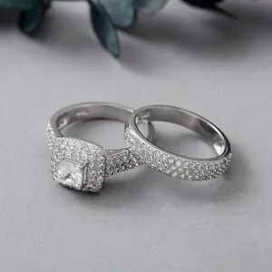 S925 sterling zilveren trouwringen set met prinses geslepen vierkante hoofdsteen