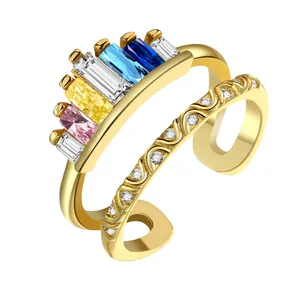 Macro shot of double-layer crown ring with rainbow zircons and wavy micro-pave crystals