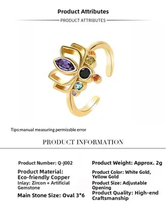 Detailed specs for gold lotus ring with purple marquise stone and zircon accents