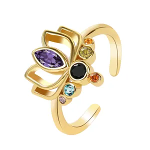 Elegant gold-plated lotus open ring with vibrant multi-colored gemstones for women