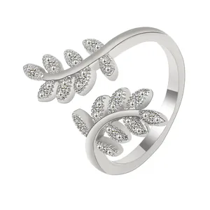 Silver olive branch open ring for women with white cubic zirconia leaf detailing