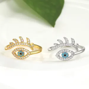 Mode Kupfer Böser Blick Offener Ring Für Damen Einzigartige Zirkonia Wimpern Design Verstellbarer Blaue Auge Fingerring Schmuck