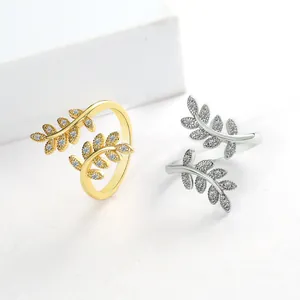 Elegant Olive Branch Open Ring For Women Copper Zirconia Inlaid Adjustable Leaf Finger Ring Nature Inspired Fashion Jewelry
